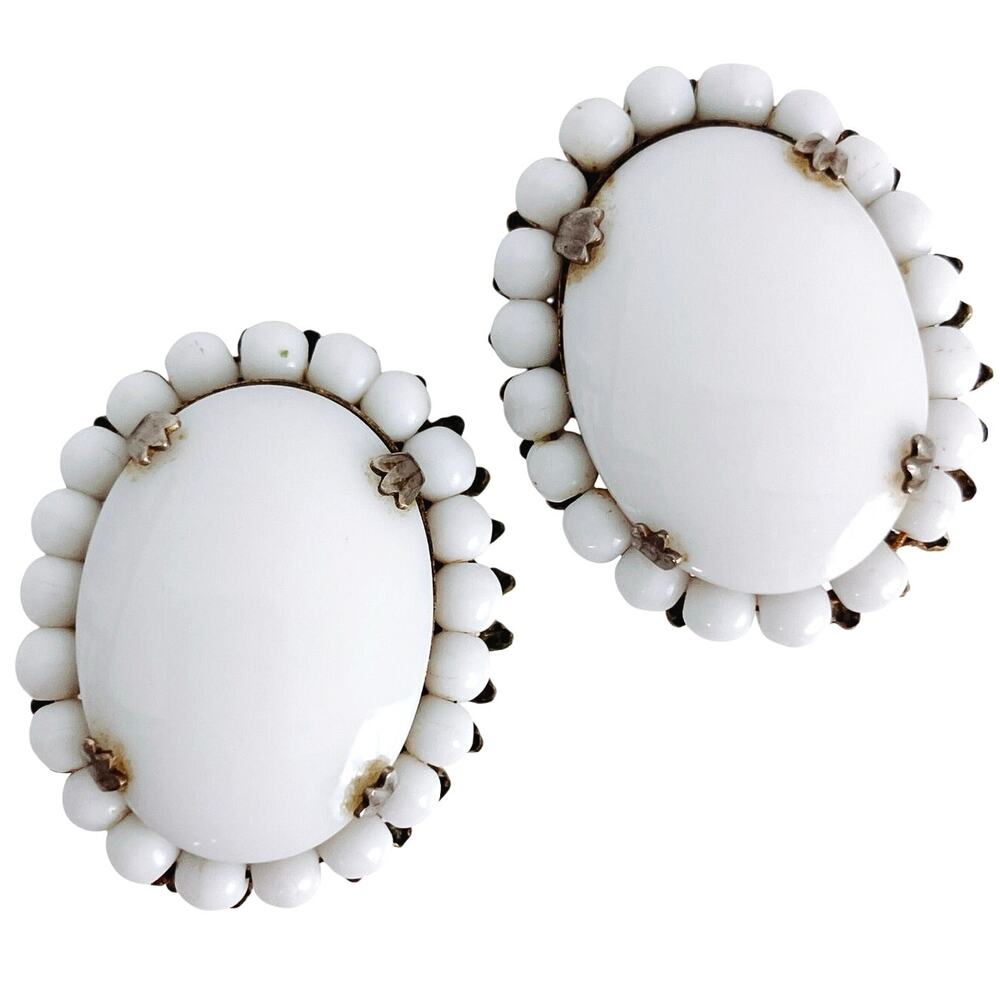 Vintage Mid Century Oval White Milk Glass Clip On Earrings Classic 50s Jewelry